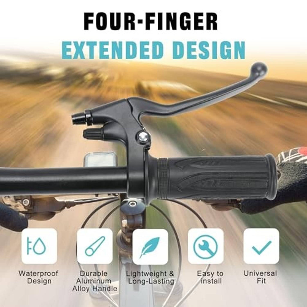 Black e-bike mechanical brake lever with extended handle and rubber grip on handlebar