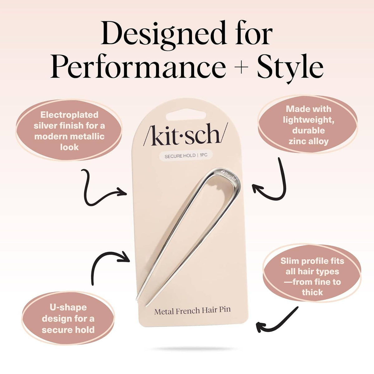 Metal French hair pin retail card with silver U-shaped pin