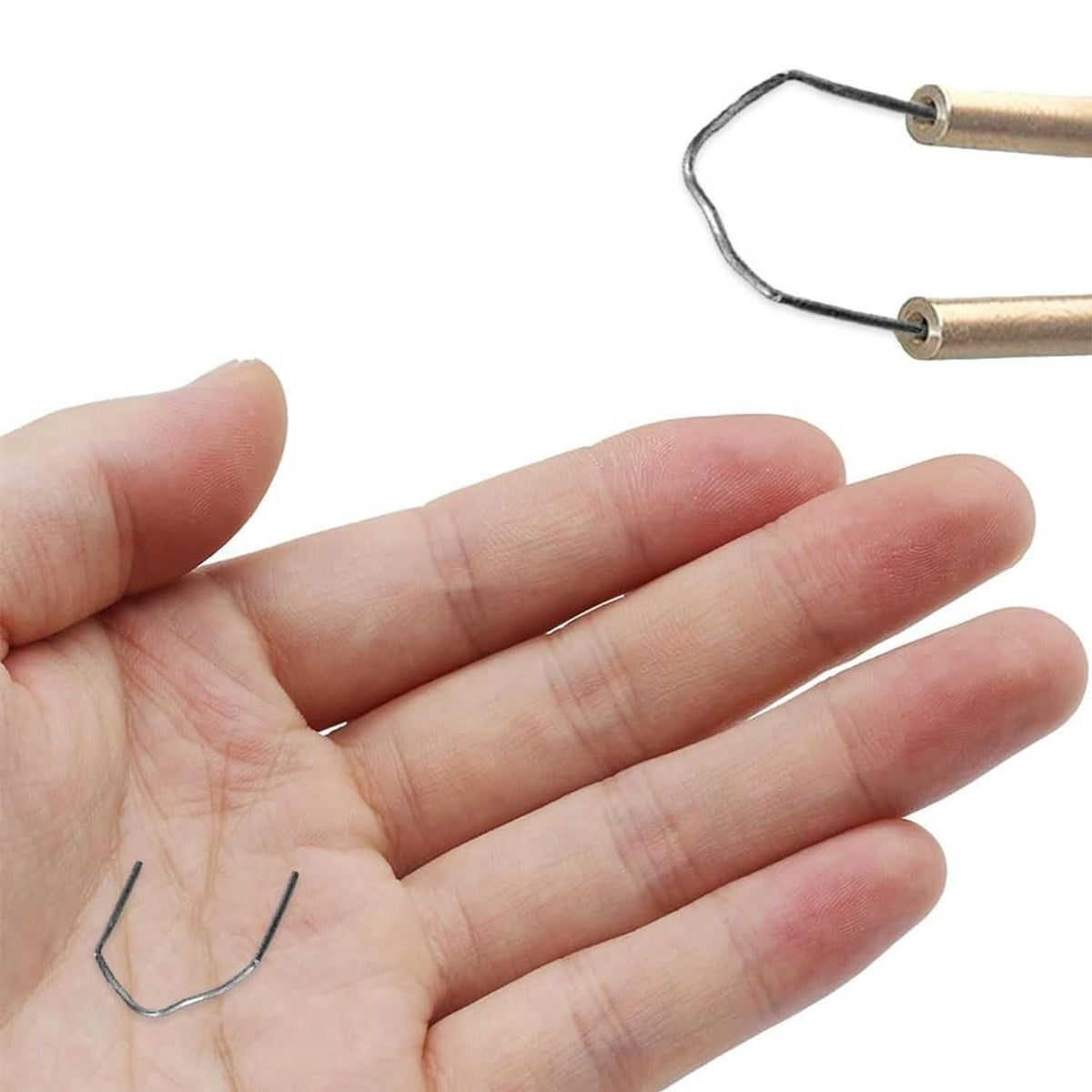 V-shaped welding staples held in hand, silver 0.8mm wire