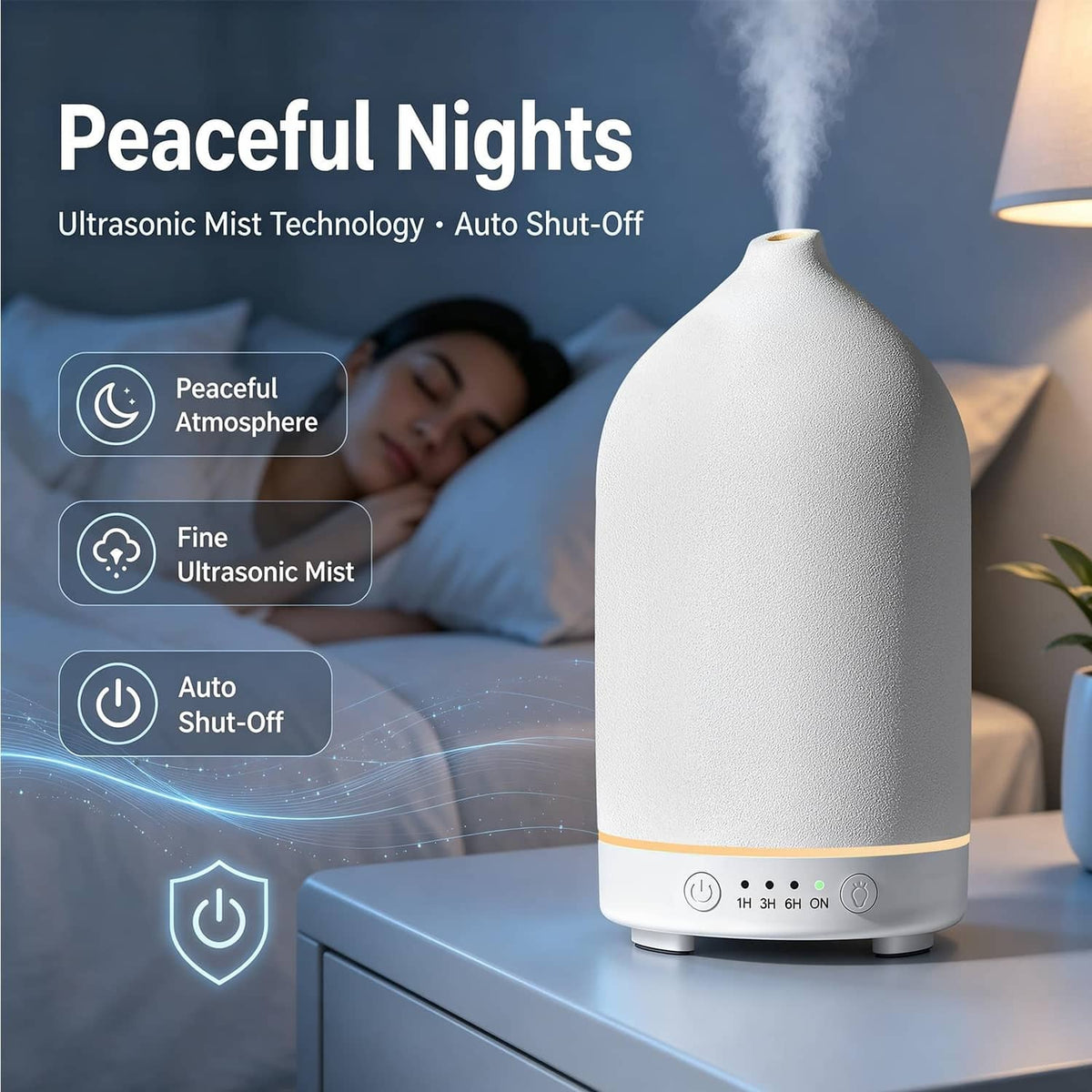 White ceramic essential oil diffuser with warm amber LED glow and mist for nighttime.