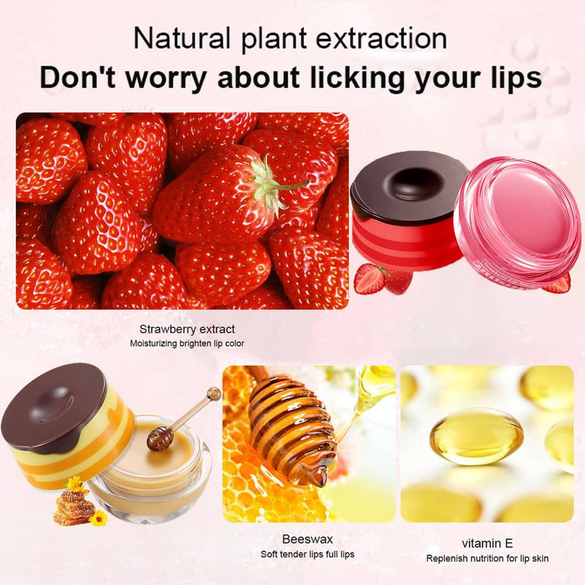 Strawberry lip mask balm jar with red lid, plus strawberry extract and honey details