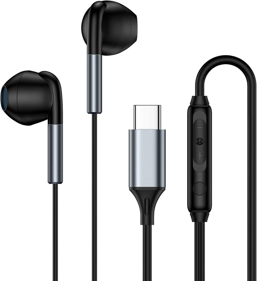 Wired USB-C earbuds set with black earbuds, silver plug, and inline controller