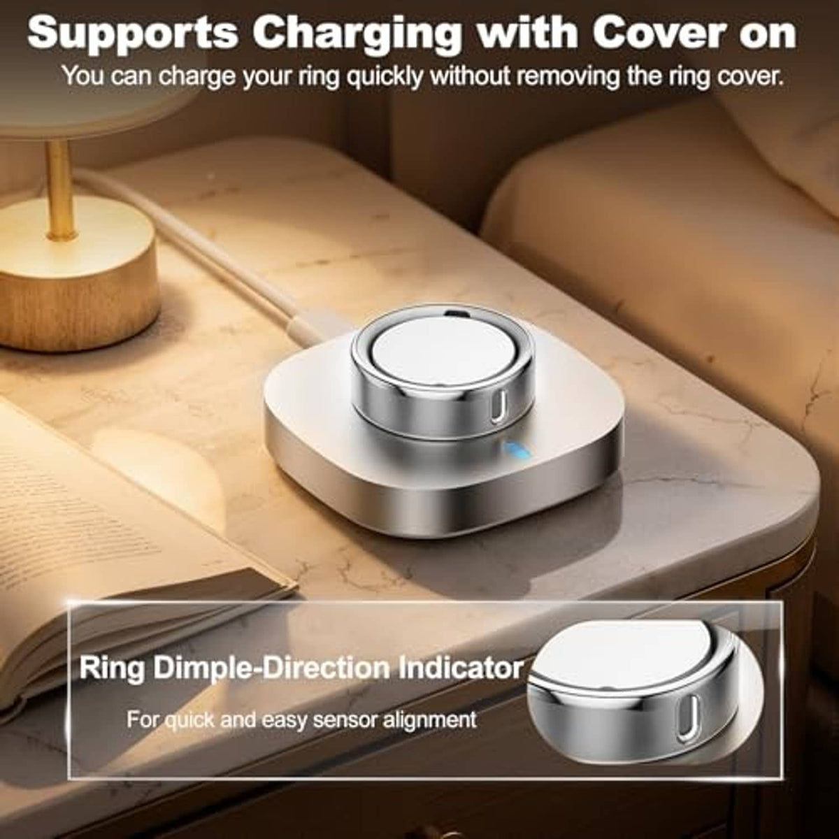 Silver ring cover placed on a charging dock base with a small side indicator