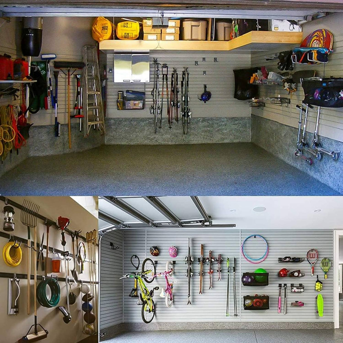 Multiple slatwall utility hooks installed on garage wall for hanging items