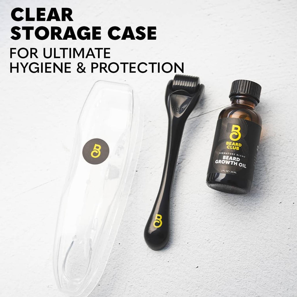 Clear storage case with black derma roller and Beard Club beard growth oil bottle