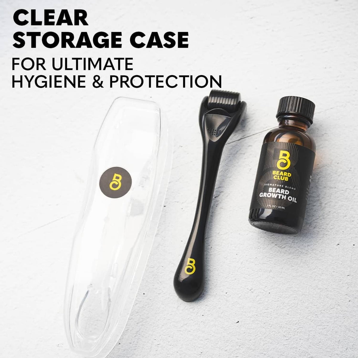 Clear storage case with black derma roller and Beard Club beard growth oil bottle