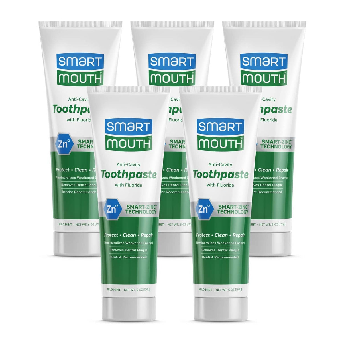 Multiple fluoride mint toothpaste tubes, green-and-white Smart Mouth packaging