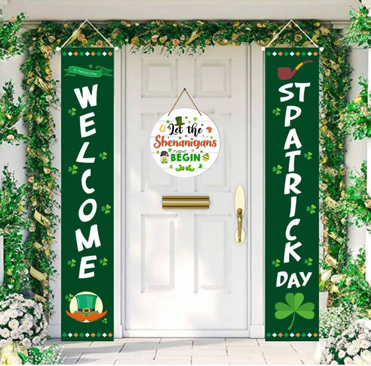 Round hanging door sign with rope, “Let the Shenanigans Begin” on the front door
