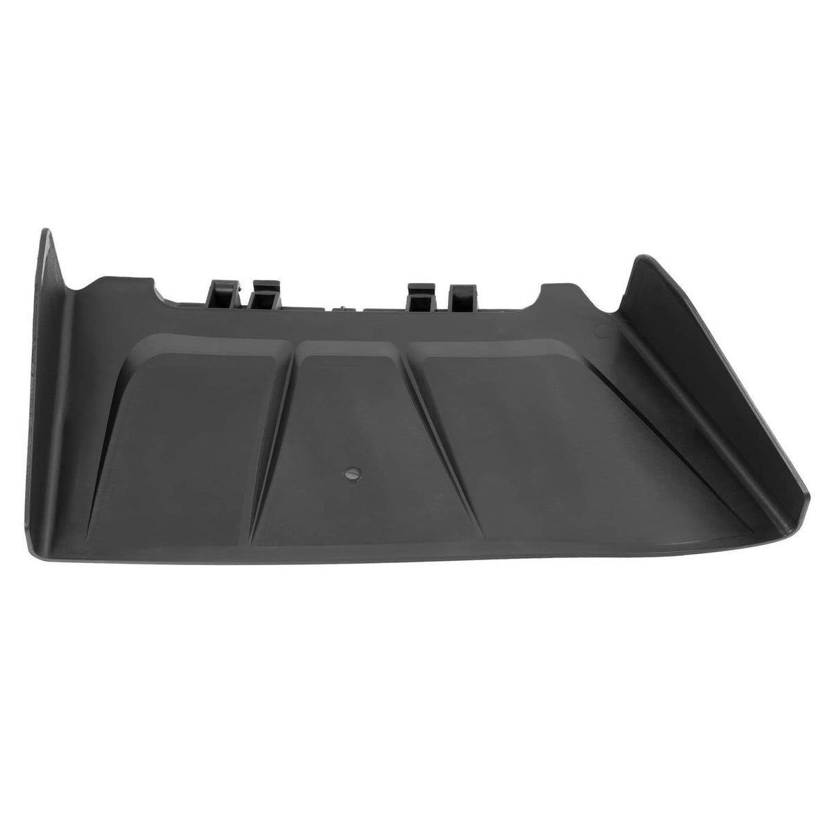 Black discharge chute pan with center ribs and molded side supports