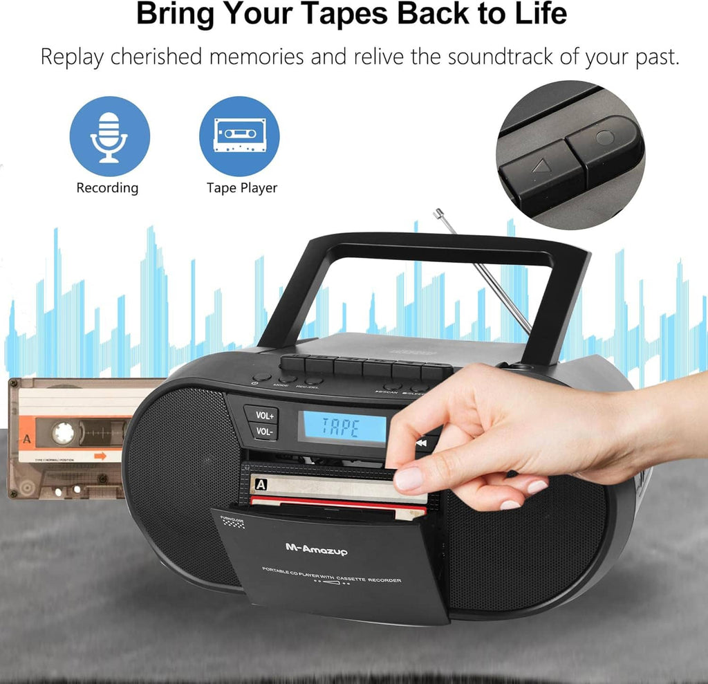 Black portable boombox CD and cassette player with top handle and front controls