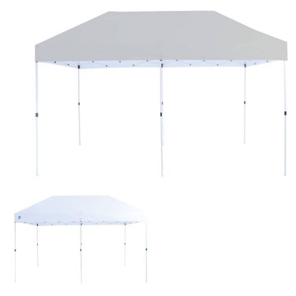 Hexagonal canopy top cover in light gray with side support poles; two views shown
