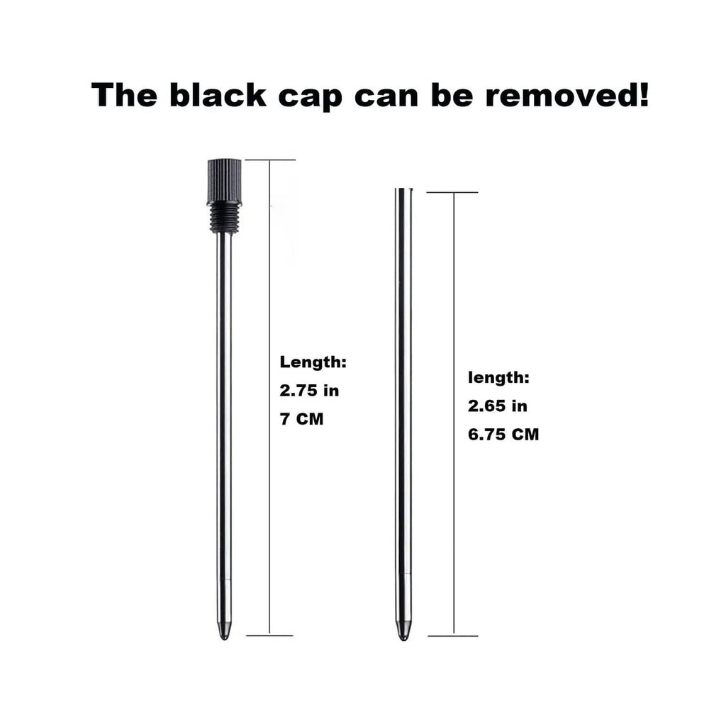 Black ballpoint pen refill with removable cap, 2.75 in length