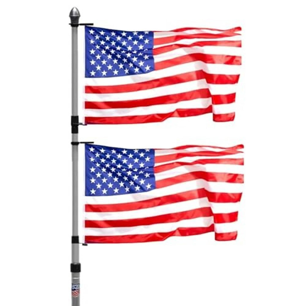 Telescoping aluminum flagpole with two stacked US flags and black connector bands