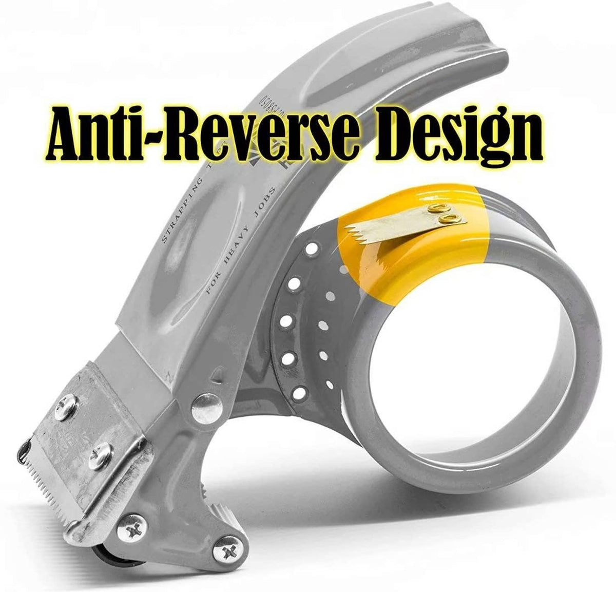 Silver handheld tape dispenser gun with 2-inch tape roll and cutter blade