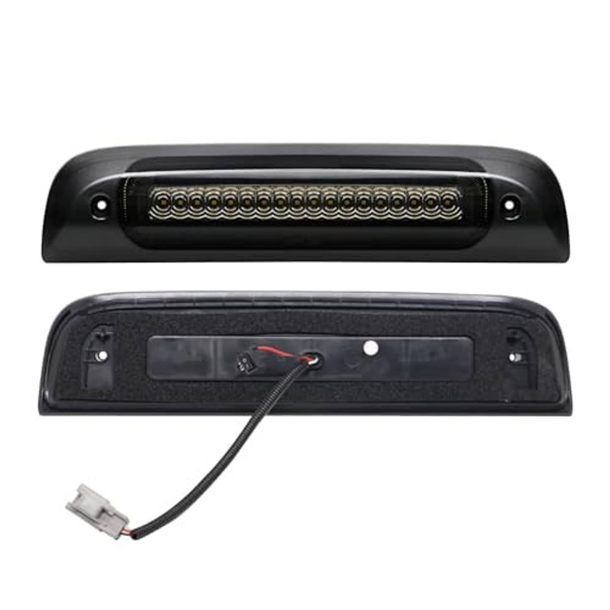 Smoked LED third brake light assembly with rear black cover and wiring connector