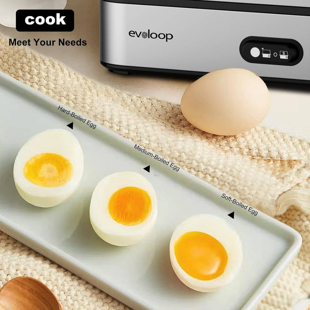 Electric egg cooker showing six eggs on tray with soft, medium, and hard yolks