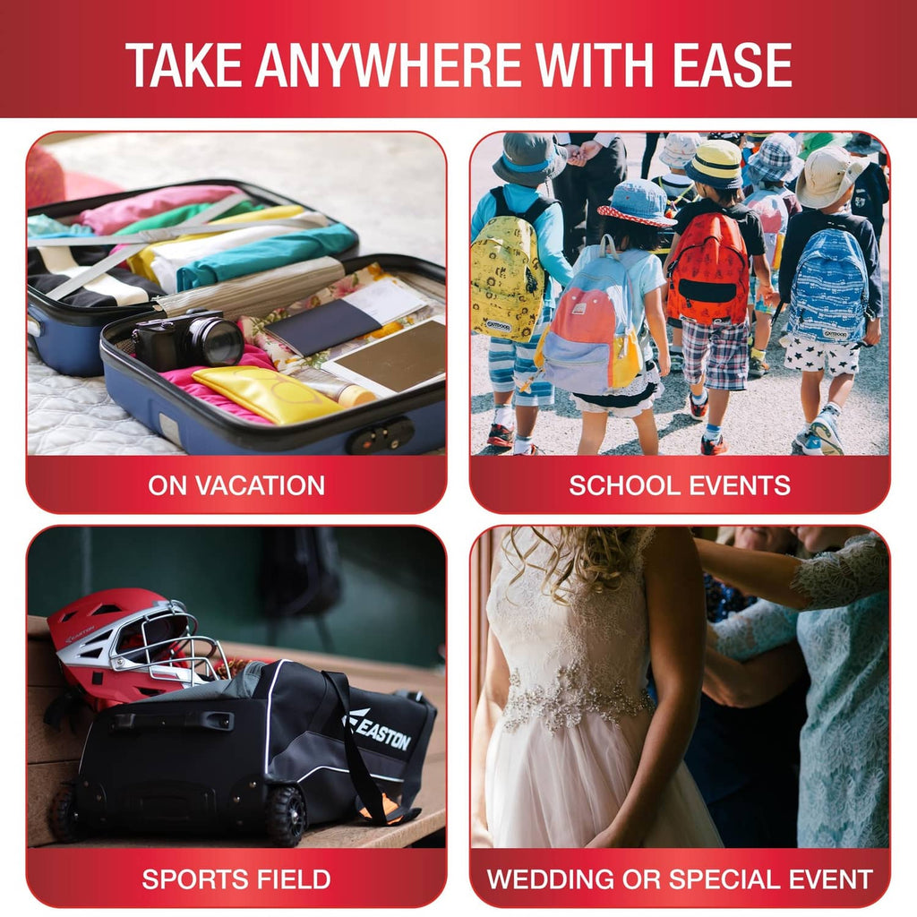 Promotional graphic showing uses for a portable cordless mending machine