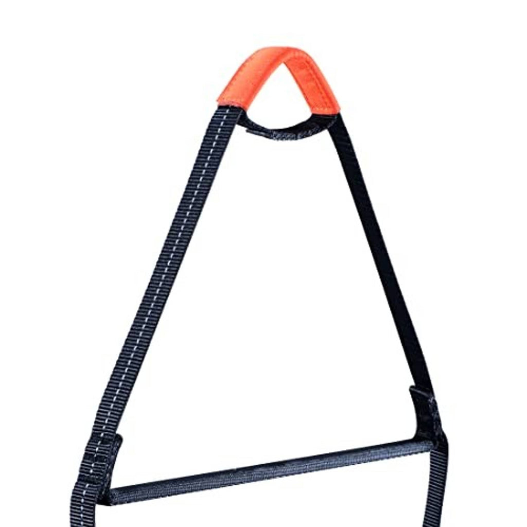 Rope ladder step with orange grip ring and black webbing loops, reinforced straps