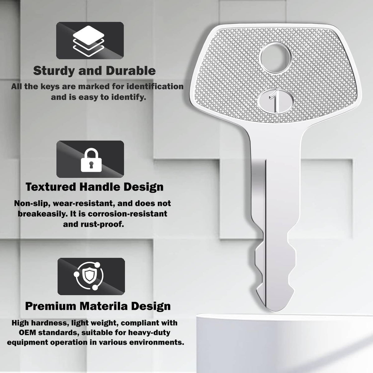 Silver ignition key with textured head and numbered emblem, metal key blade