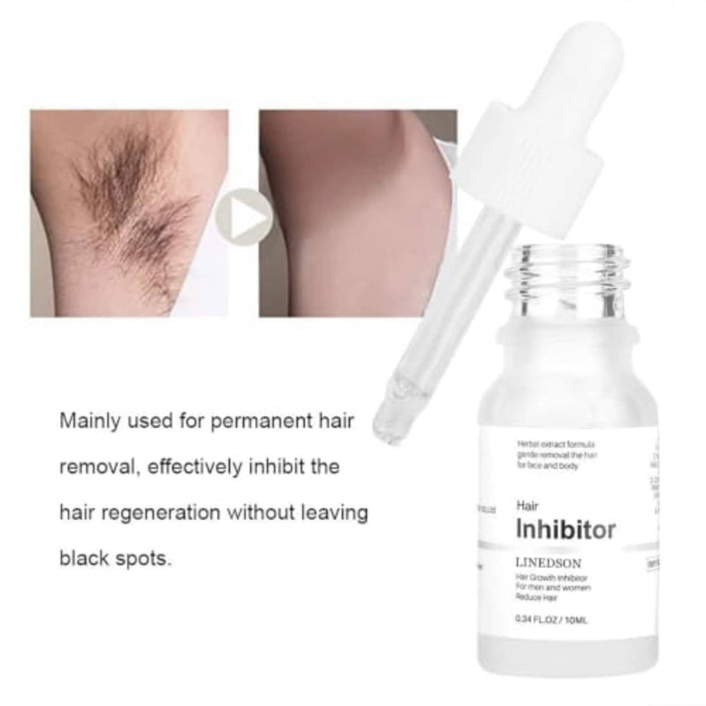 Hair growth inhibitor serum bottle with dropper and inset skin hair-removal area