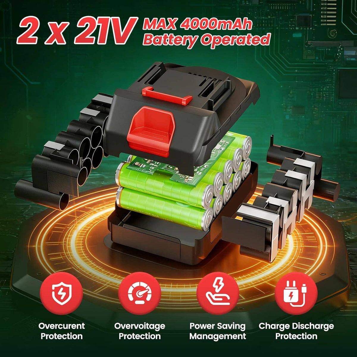 Two 21V lithium battery packs with red release buttons, plus battery charger unit