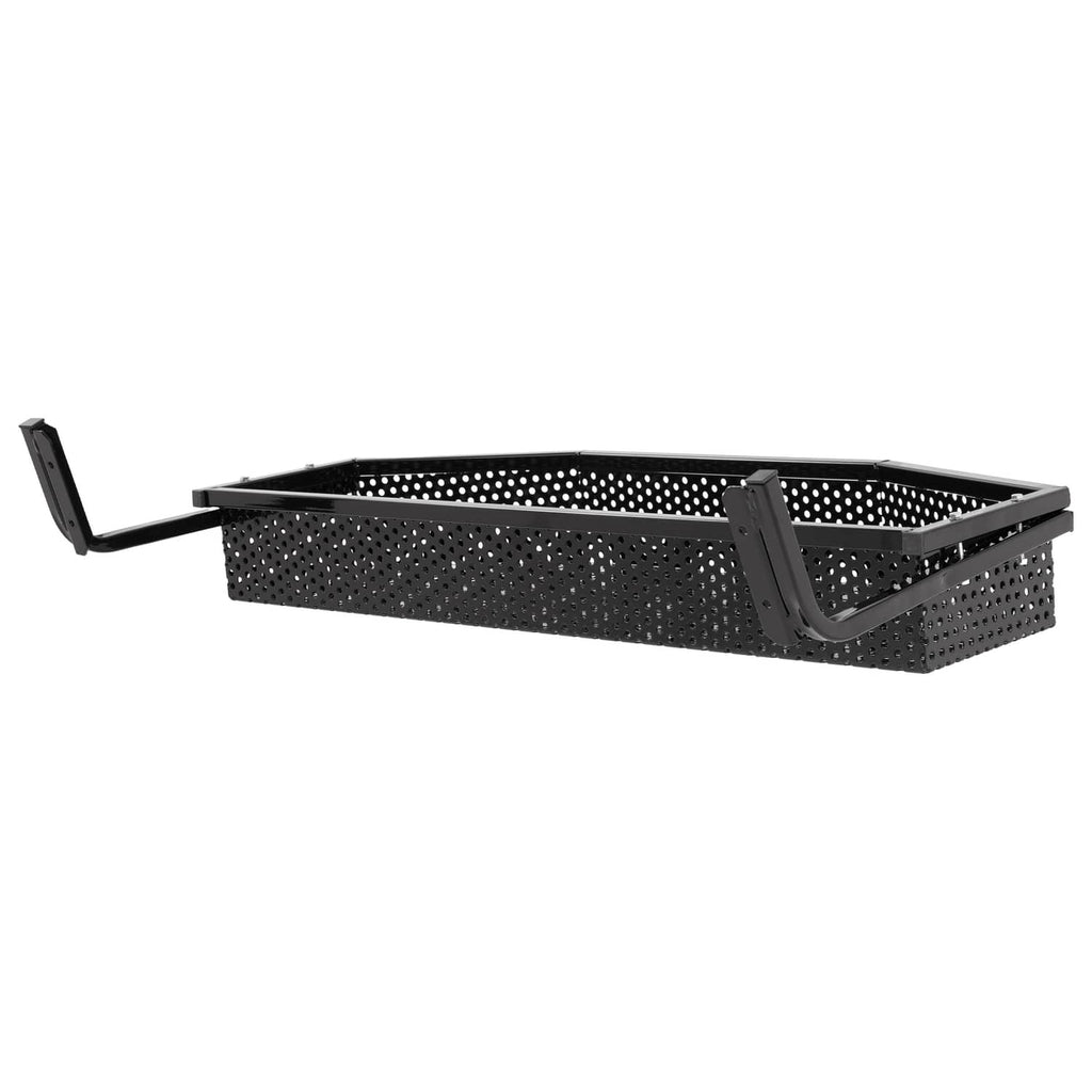 Perforated metal cargo basket with curved side supports and mounting bracket feet