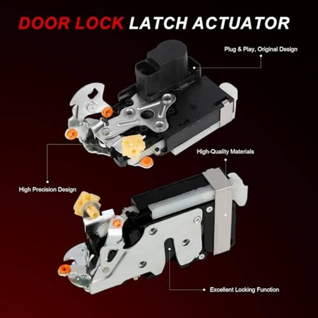 Door lock latch actuator diagram with black housing, silver bracket, and white actuator rod