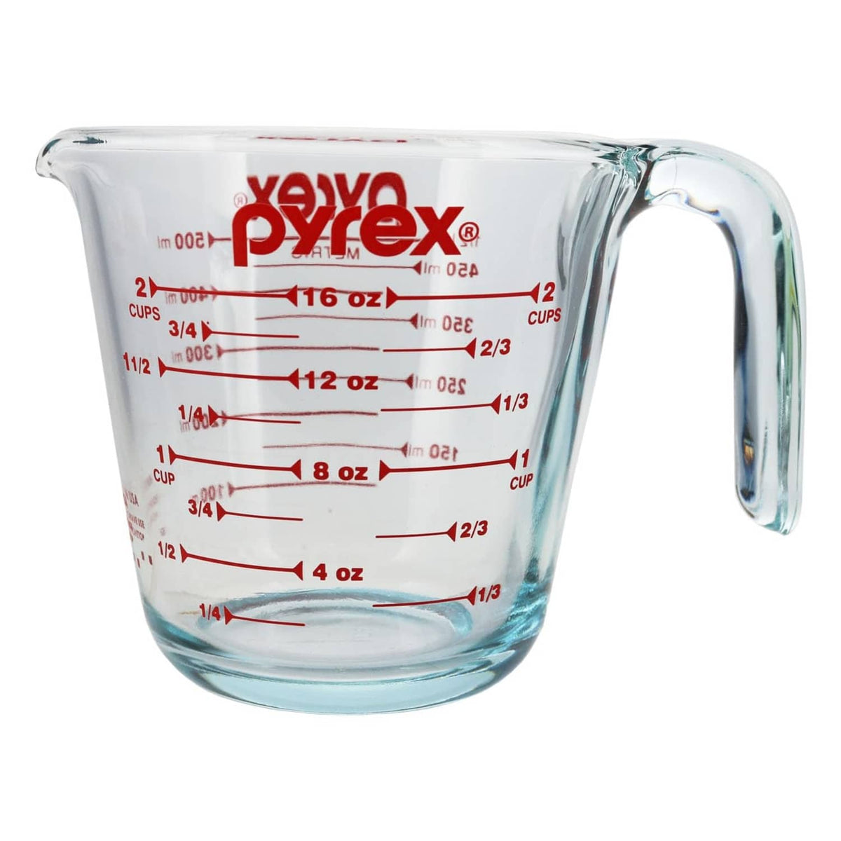 Transparent glass measuring cup with red measurement lines and side handle