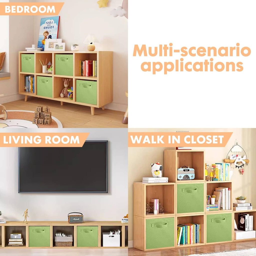 Green storage cubes with pull handles in a kid-friendly room organizer