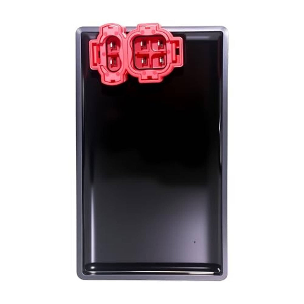 Front view of black CDI ignition module box with red 6-pin connector block