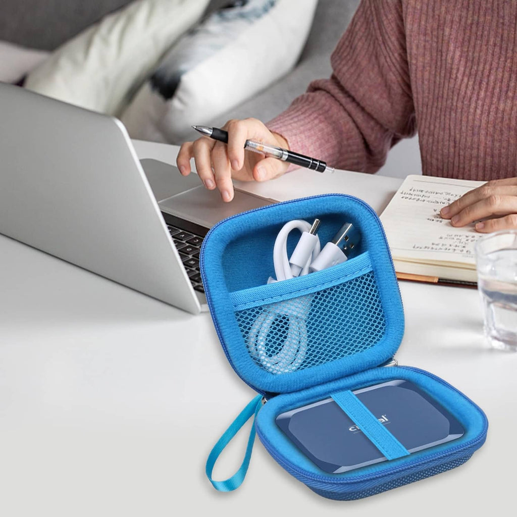 Blue zipper SSD case with mesh top pocket and cushioned storage compartment