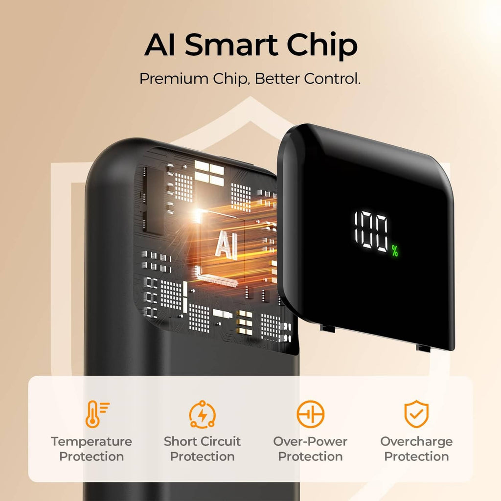 Black portable electric hand warmer with LED display and safety chip protection graphics.