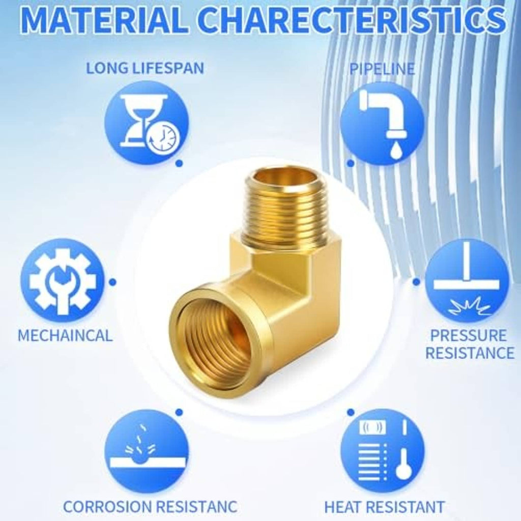 Brass 90-degree elbow fitting with female NPT inlet and outlet on a solid body