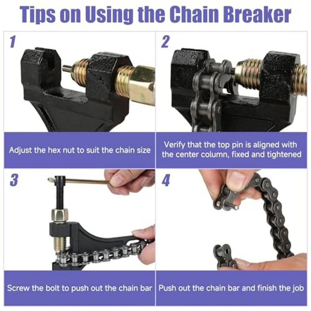 Chain breaker tool shown pressing a chain pin with threaded screw and guide