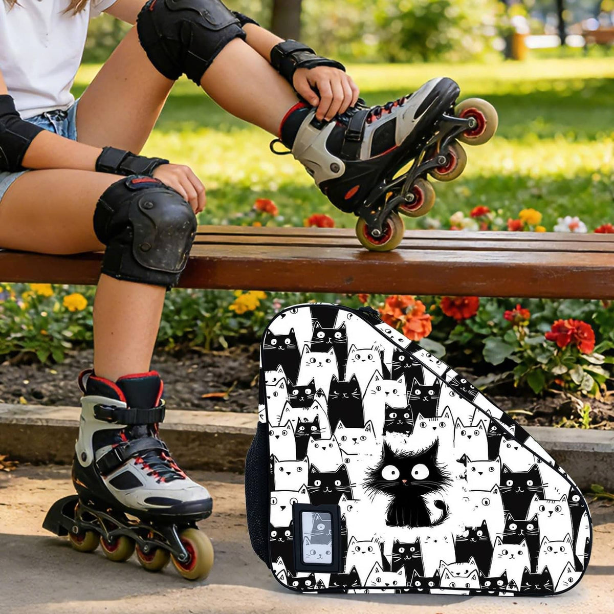 Cat-print skate bag with adjustable strap beside inline skates
