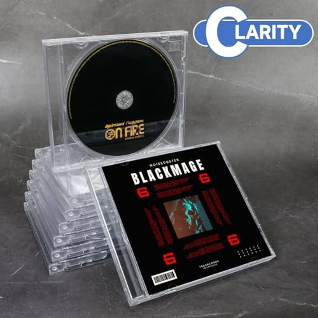 Clear CD jewel case with disc and insert card, with extra cases stacked