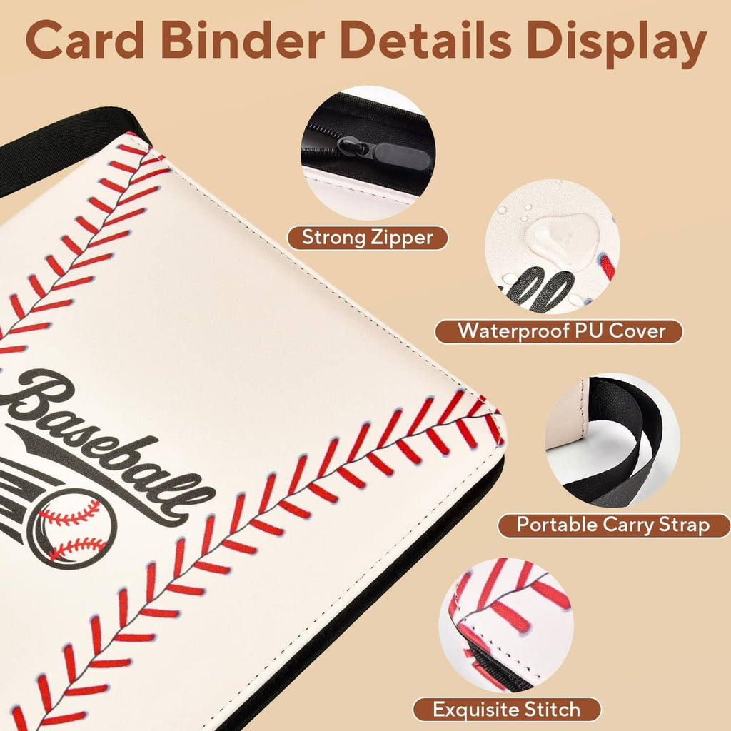 Baseball card binder close-up: white cover with red stitched seams and black zipper edge