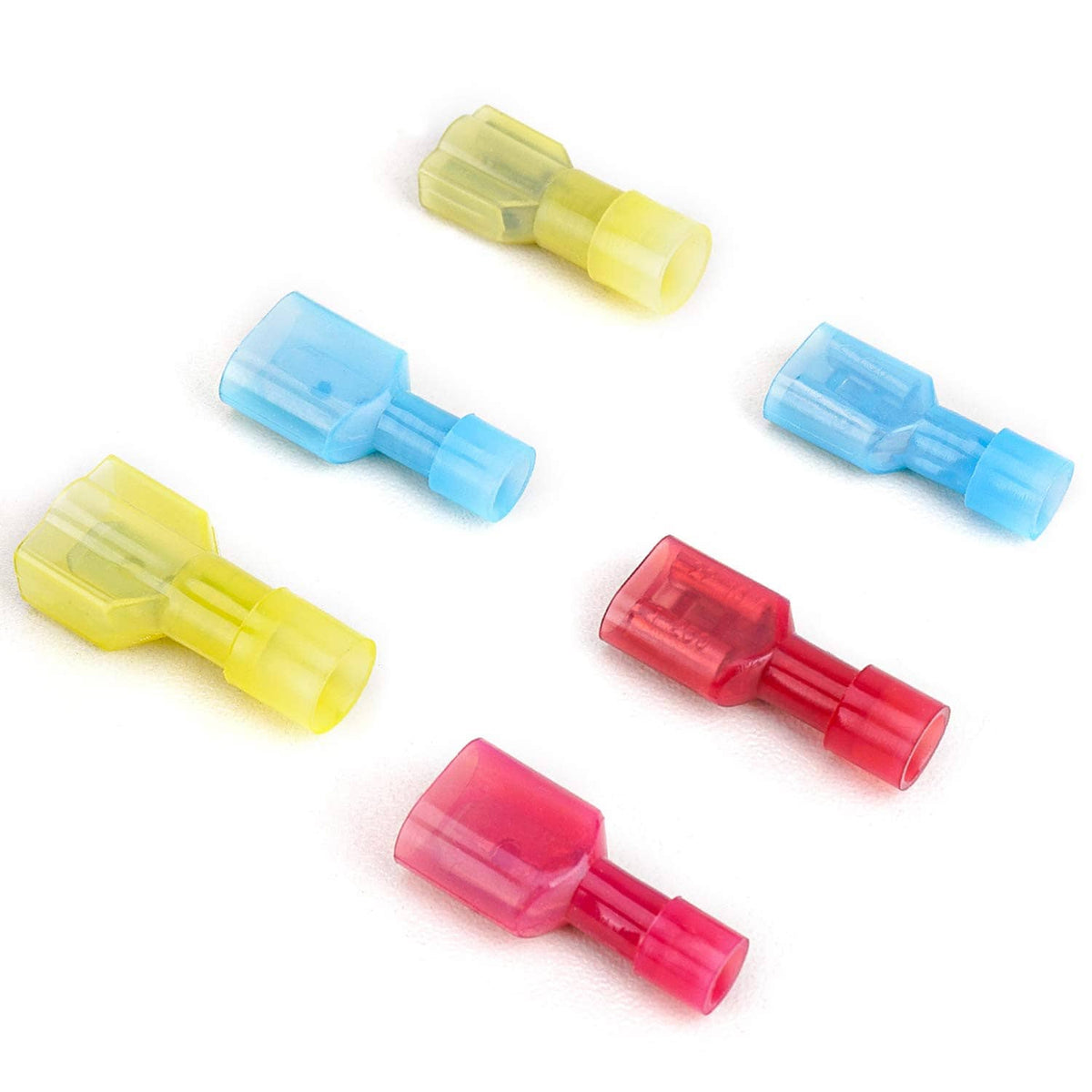 Assorted quick disconnect terminal housings: red, blue, and yellow pairs
