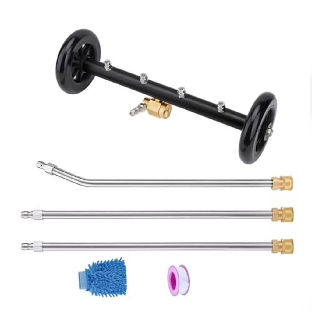 Black wheeled undercarriage cleaner wand with three extensions, brass nozzles, brush and ring