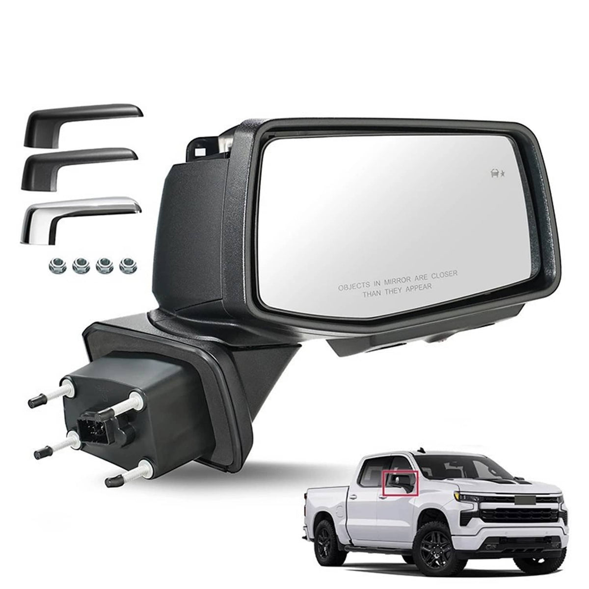 Heated passenger-side mirror with camera and 16-pin connector, plus extra trim pieces