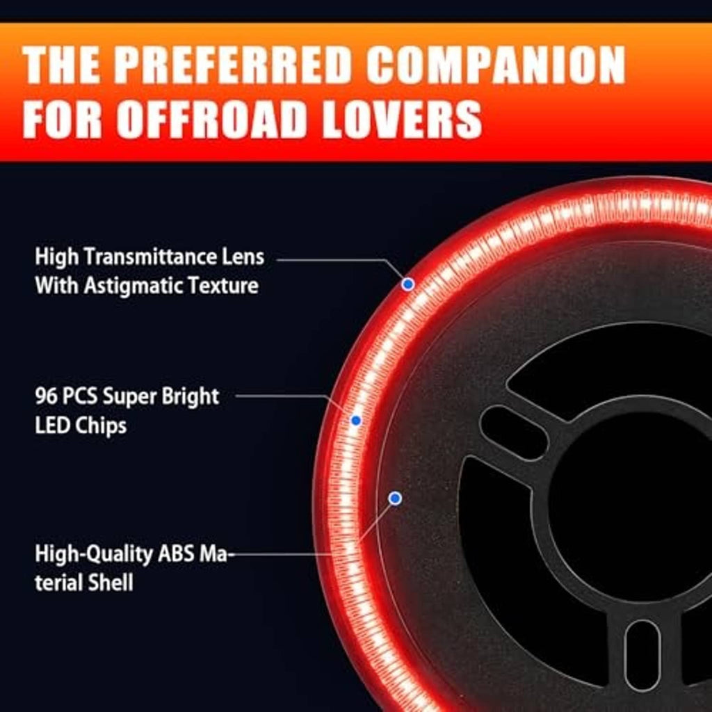 Close-up of spare tire brake light red LED ring on black lamp housing