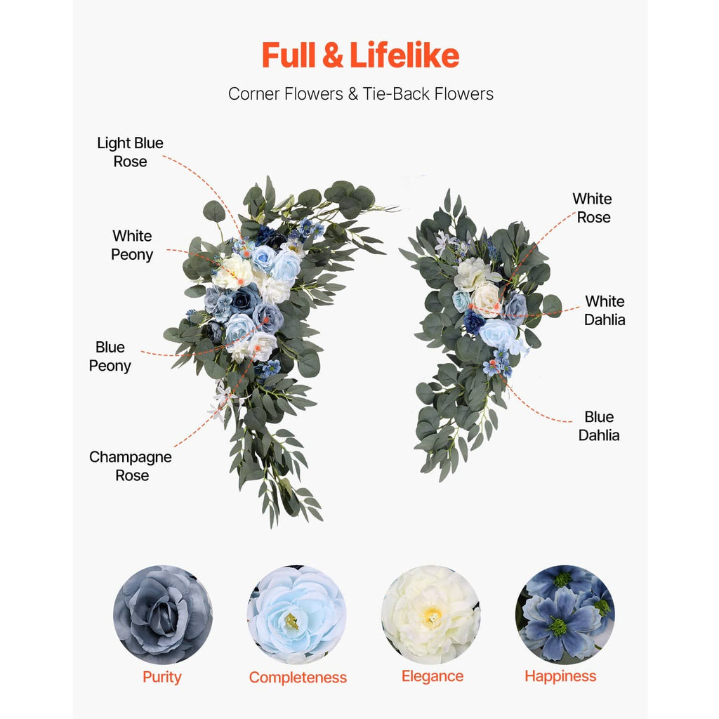 Pair of artificial corner flowers with blue and white blooms, greenery, and tie-back design