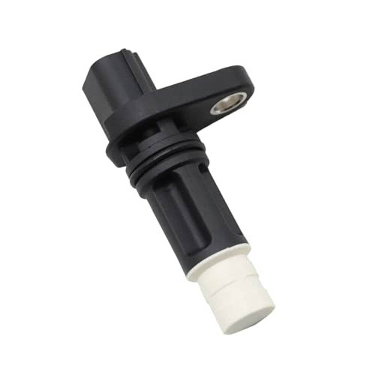 Crankshaft position sensor with white connector and black sensor housing, metal mounting plate