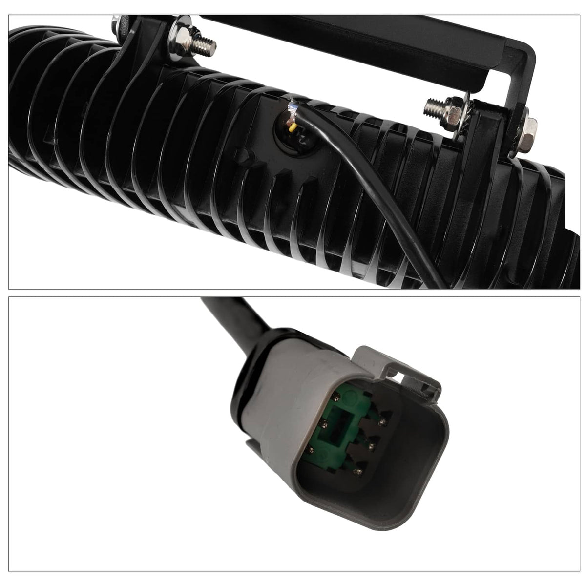 Heated LED plow light cable and connector with green circuit board visible