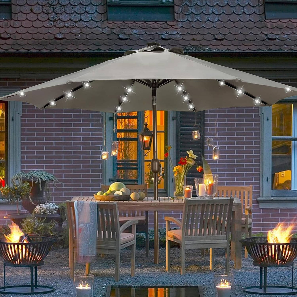 Gray outdoor umbrella with LED lights along the canopy edges and central pole