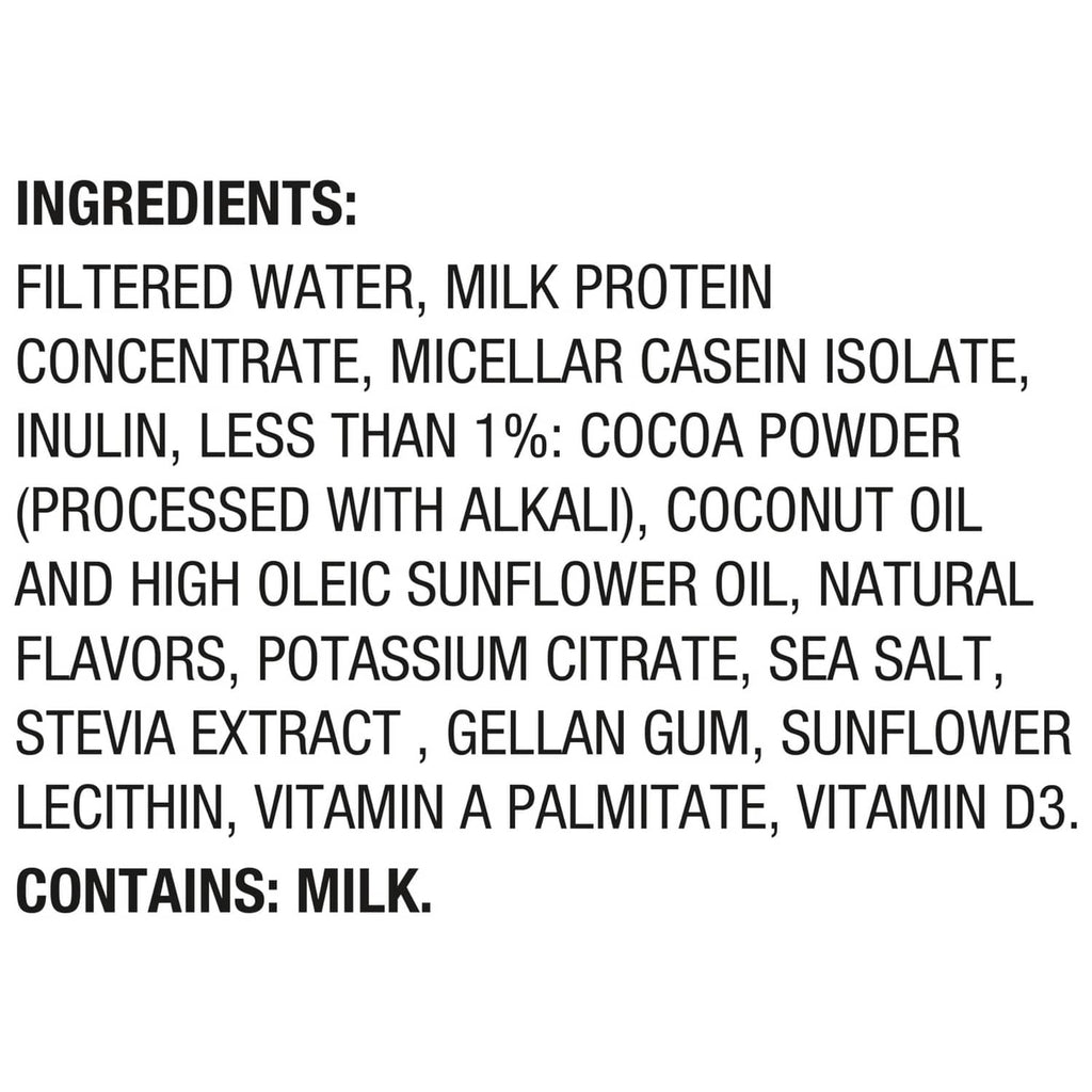 Oikos protein shake ingredients panel with filtered water and milk protein concentrate