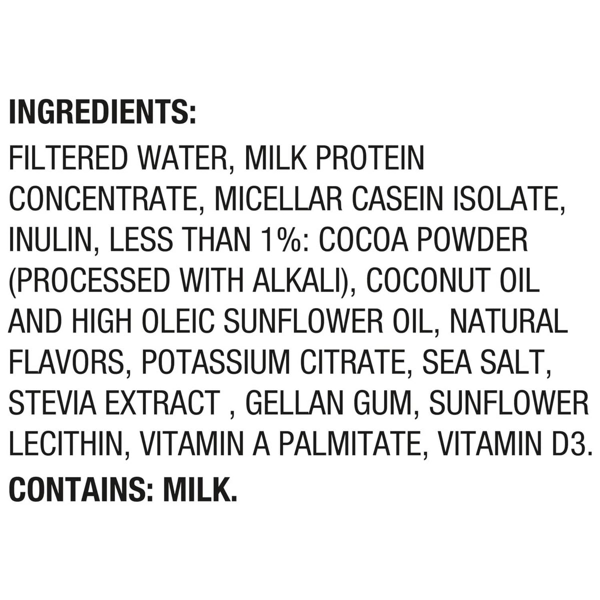 Oikos protein shake ingredients panel with filtered water and milk protein concentrate
