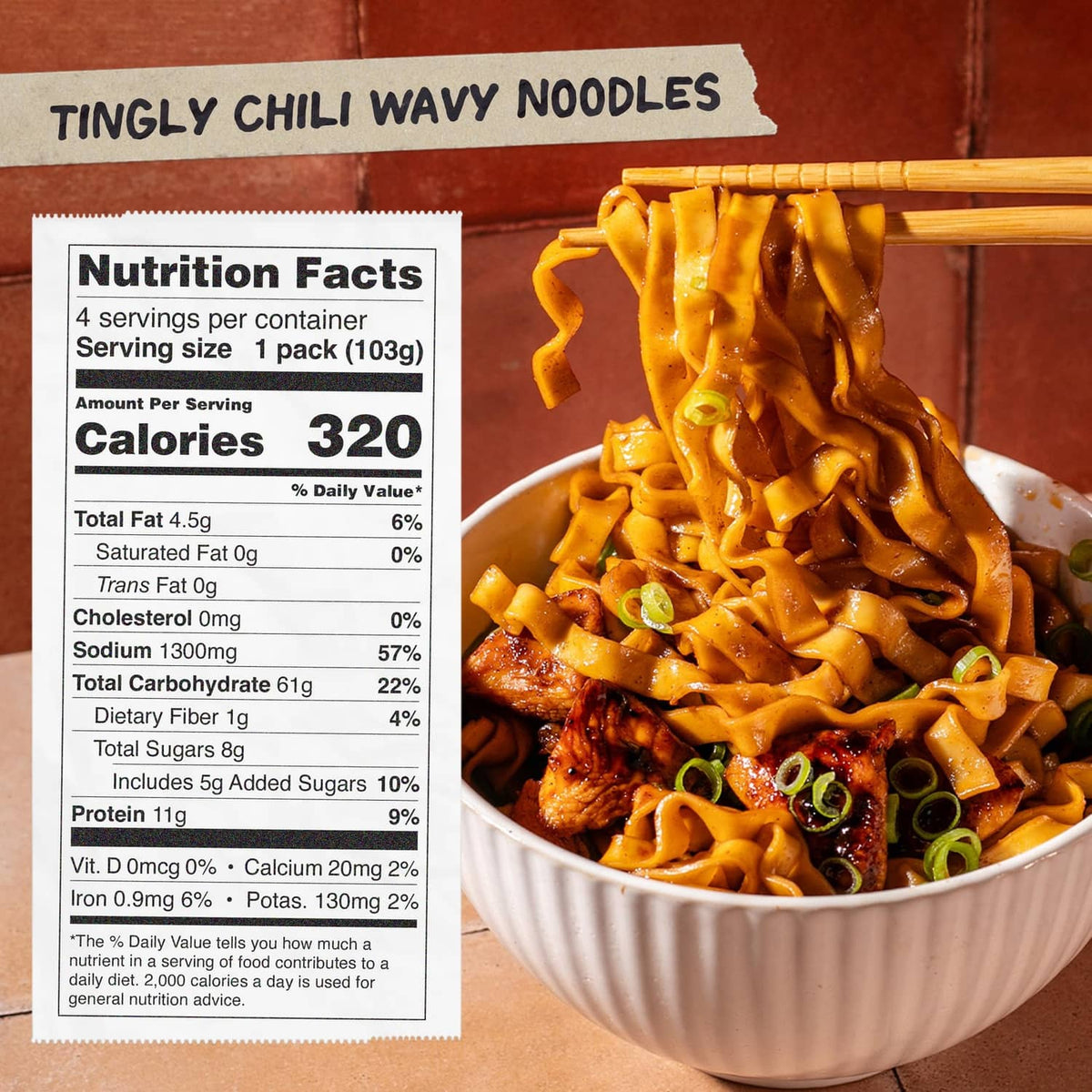 Tingly chili wavy ramen noodles in a bowl with nutrition facts label