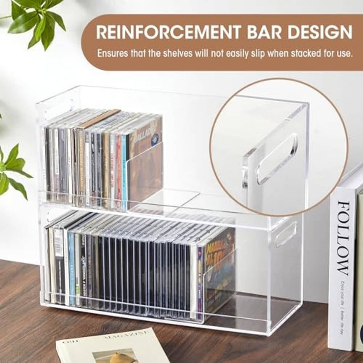 Clear acrylic CD storage box with reinforced shelf bars and cut-out carry handles