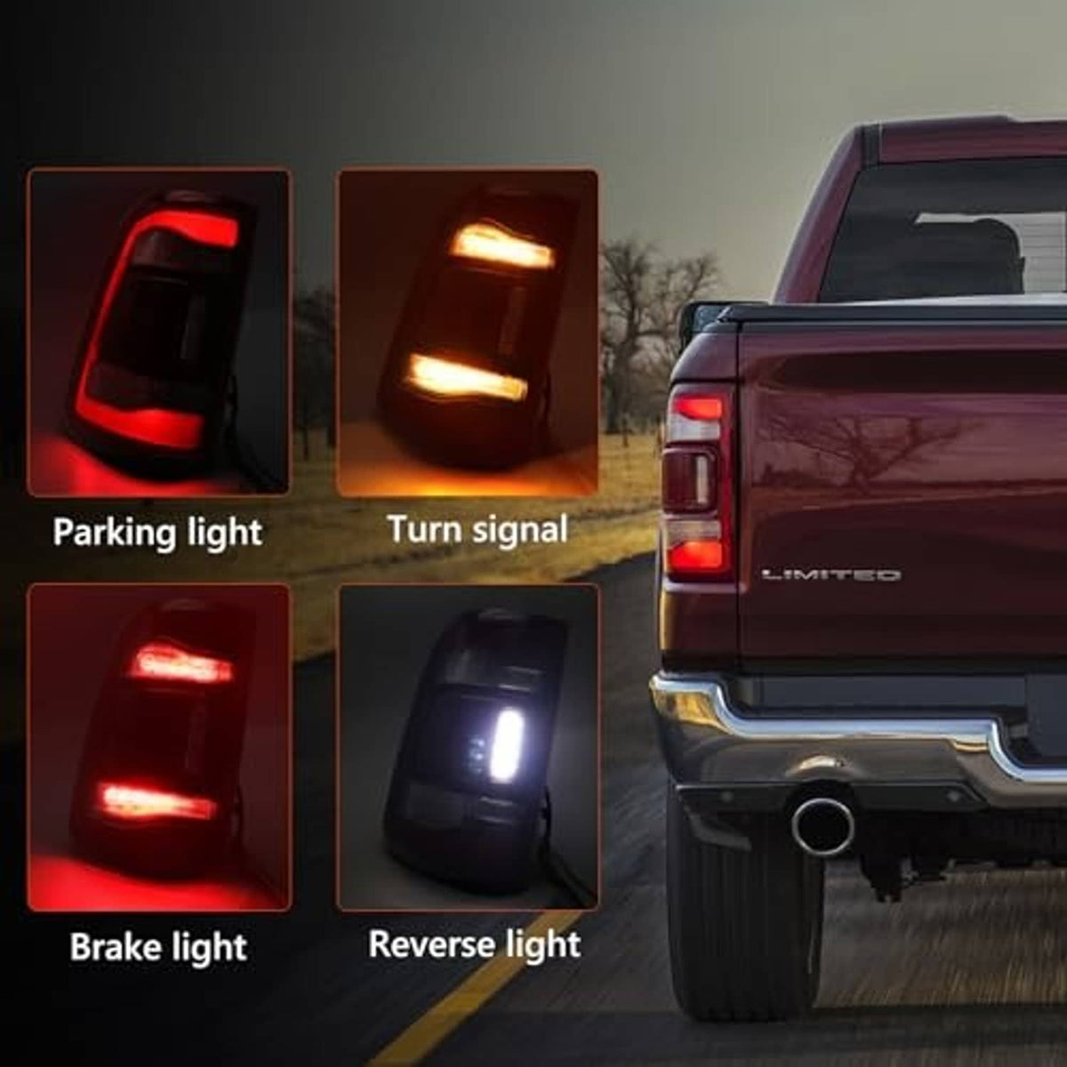 LED tail light set showing parking, turn signal, brake, and reverse illumination